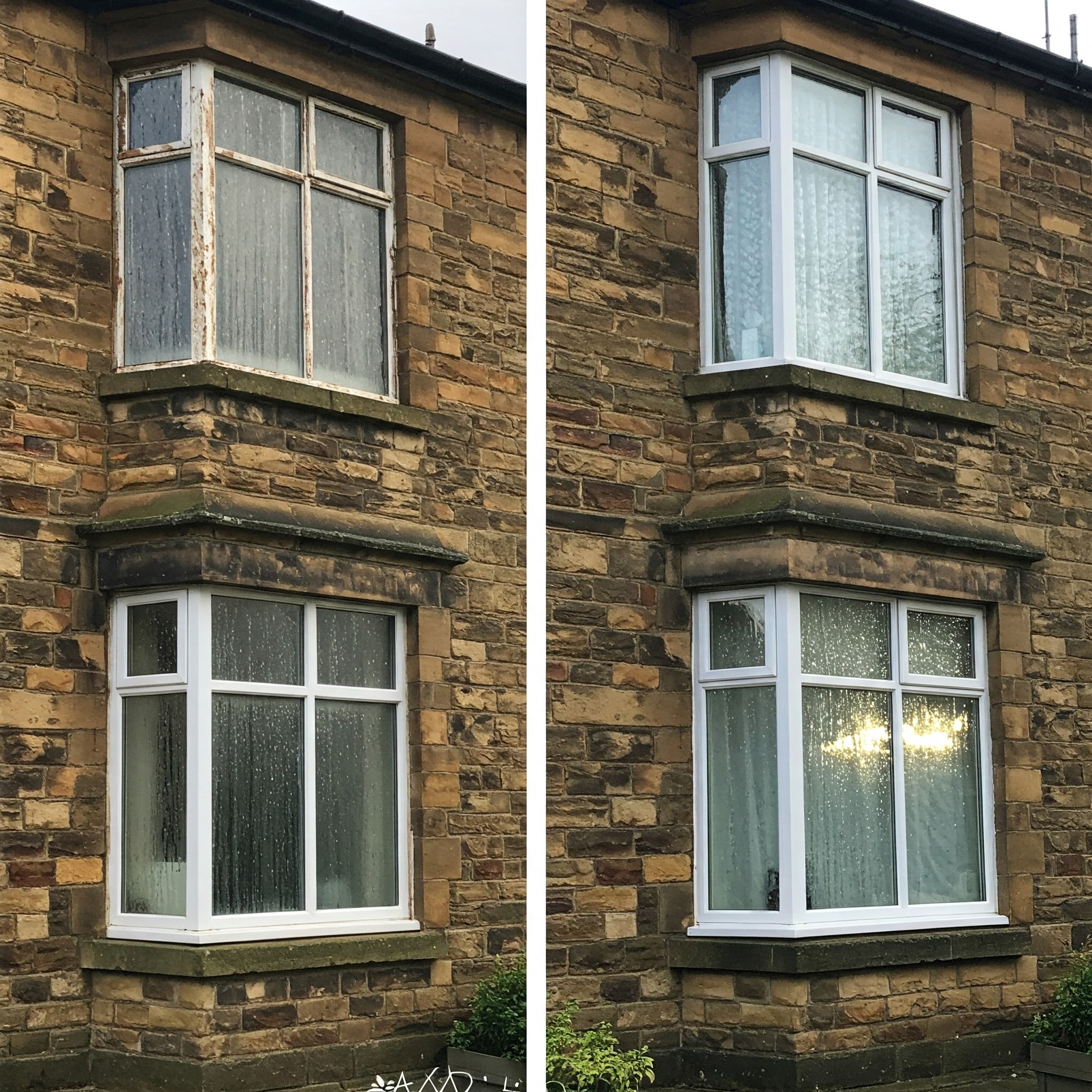 Before and after comparison of window cleaning on a Yorkshire stone house